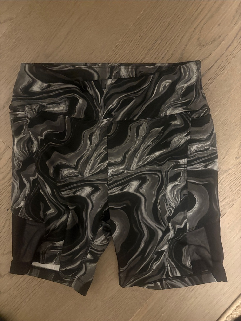 Marble-Print High-Rise Black Bike Shorts with Side Panels